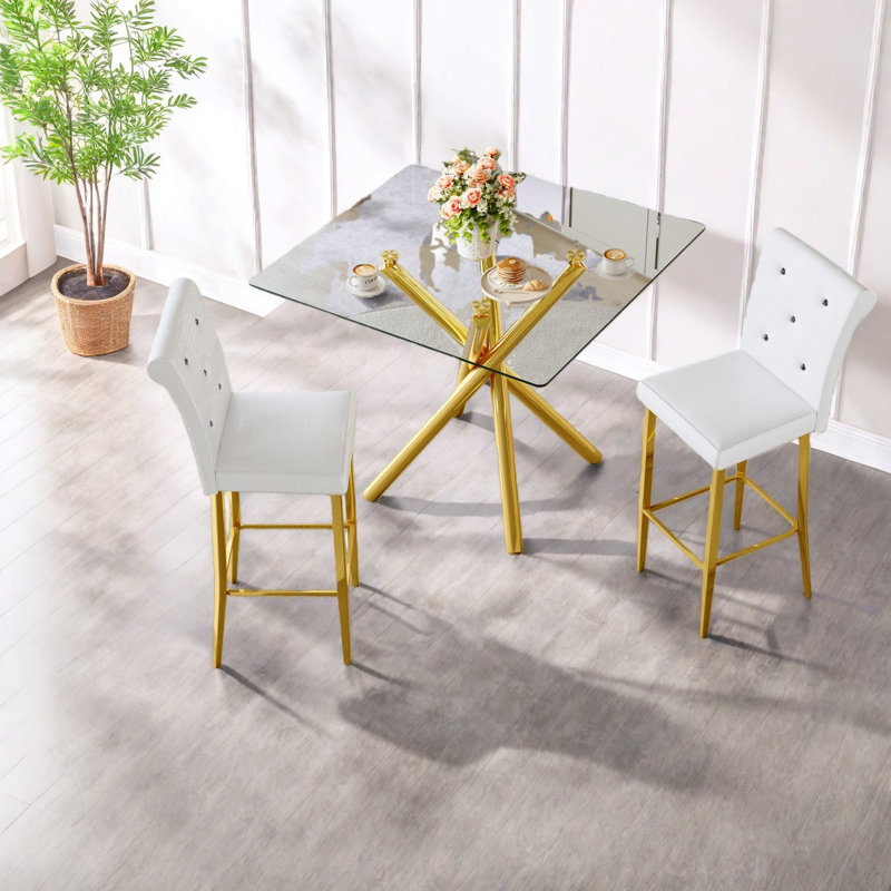 Luxurious Modern Patio Bar Set, Glass Table With Gold Metal, Stylish Small Space Solution