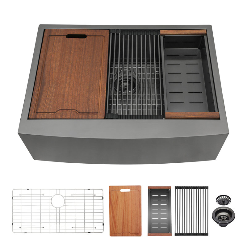 Évier de cuisine à tablier en acier inoxydable 33 po x 22 po x 10 po avec station de travail - noir mat, conception graisseuse, entretien facile, surface hygiénique