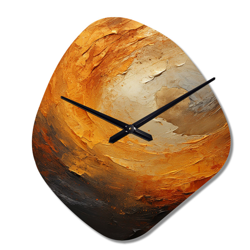 Or, orange, désert, mirage, spirale I - spirales abstraites, forme unique en métal, horloge murale asymétrique moderne, Petit