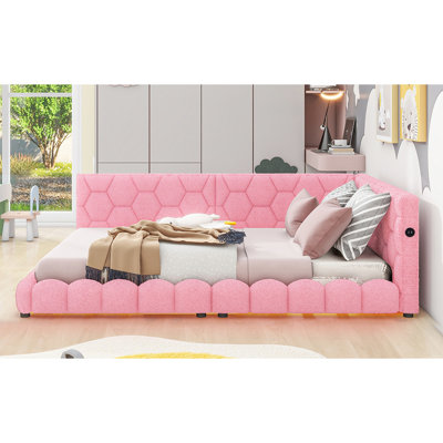 Upholstered Full Platform Bed With & Led, Pink - Wood + Construction, No Box Spring Required, Simple Assembly Ports Led Belt Strong Construction Of And Solid Wood, Mattress Slats, Convenient Process