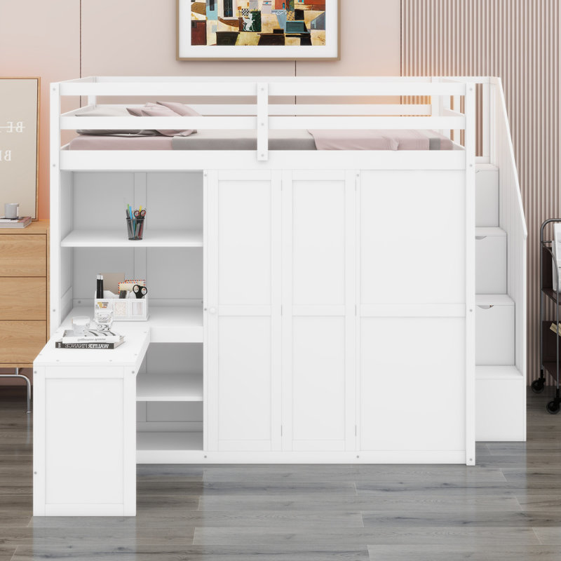 Lit mezzanine avec garde-robe, bureau et tablettes, Blanc
