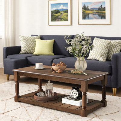 45.3''Farmhouse Wooden Coffee Table with Open Lower Shelf and Classic Turned Legs