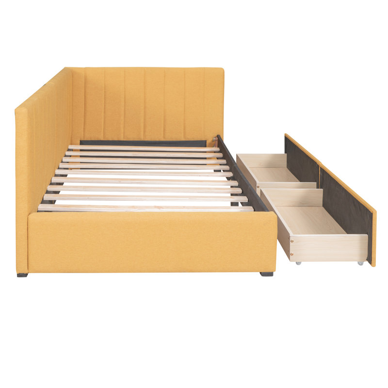 Lit de jour rembourré avec 2 espaces de rangement en lin jaune - lit simple, aucun sommier nécessaire pour une base de vie polyvalente