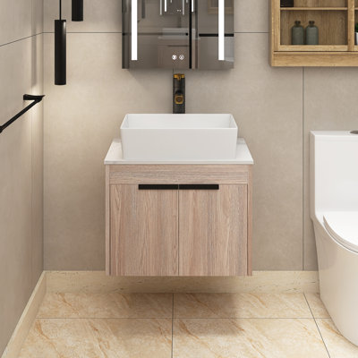 Meuble-lavabo simple 24 po avec lavabo en céramique et plateau en pierre blanche Leoine