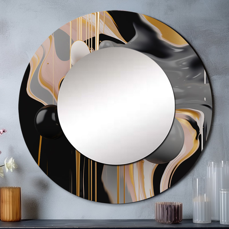 Or mystique doré et mystérieux Mélange II - formes abstraites, décor de miroir mural, grand miroir rond moderne, art imprimé en métal