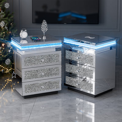Mirrored Nightstand, Silver Side Table End Table with Wireless Charging Station, LED Light, 3 Storage Drawers, Crushed Diamonds for Bedroom, Living Room and Office