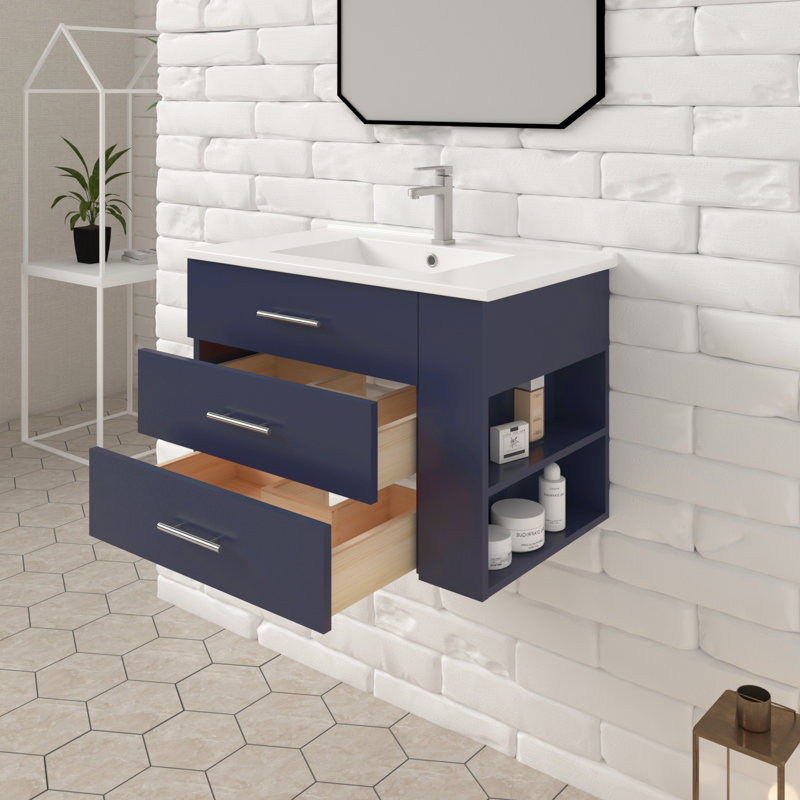 Aurilla 30 in. Single Sink Wallmount Bath Vanity with White Ceramic Countertop in Marine Blue with Right Side Shelf