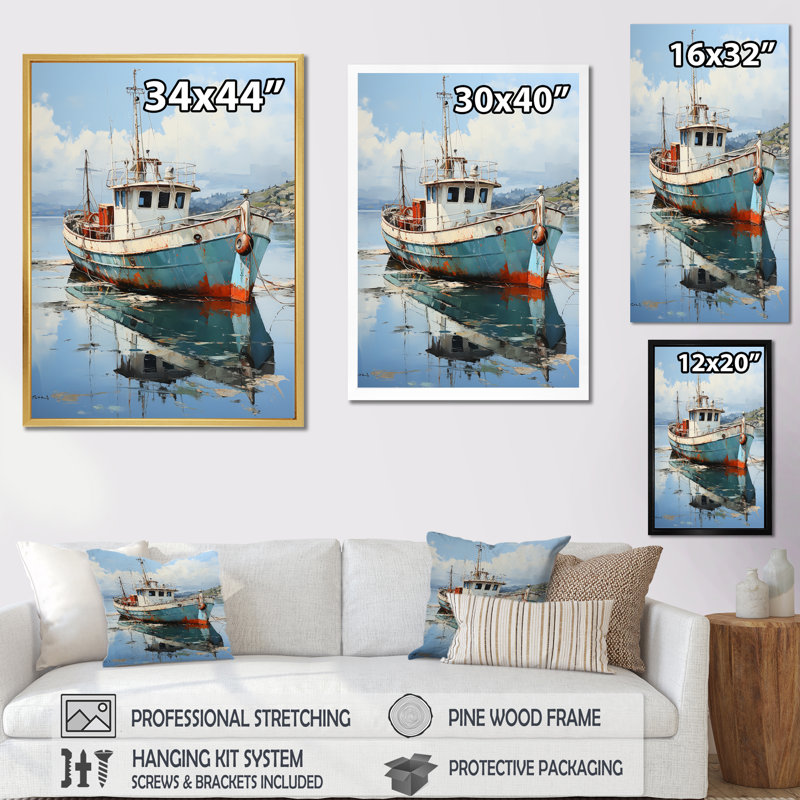 Bateau de pêche, art mural sur toile, reproduction de paysage côtier - Bateau de pêche au port, H 32 po x l 16 po x P 1 po