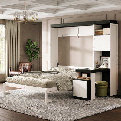 Full Size Murphy Bed With Desk And Storage Shelves And Cabinets, White
