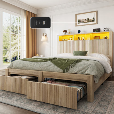 Full Size Bed Frame with Fluted Headboard & 2 Storage Drawers, Wood Platform with LED Light, Charging Port, Oak