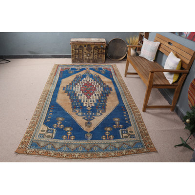 Handwoven Turkish Anatolian Rug in Blue Ideal for Dining Rooms - Made of Premium Wool