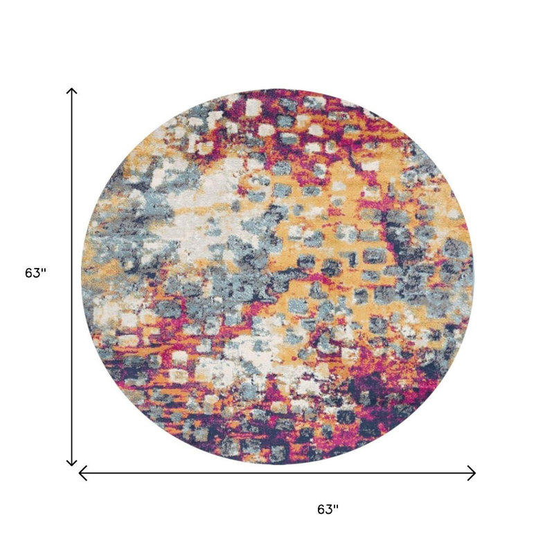 5' X 5' Yellow And Blue Abstract Round Rug