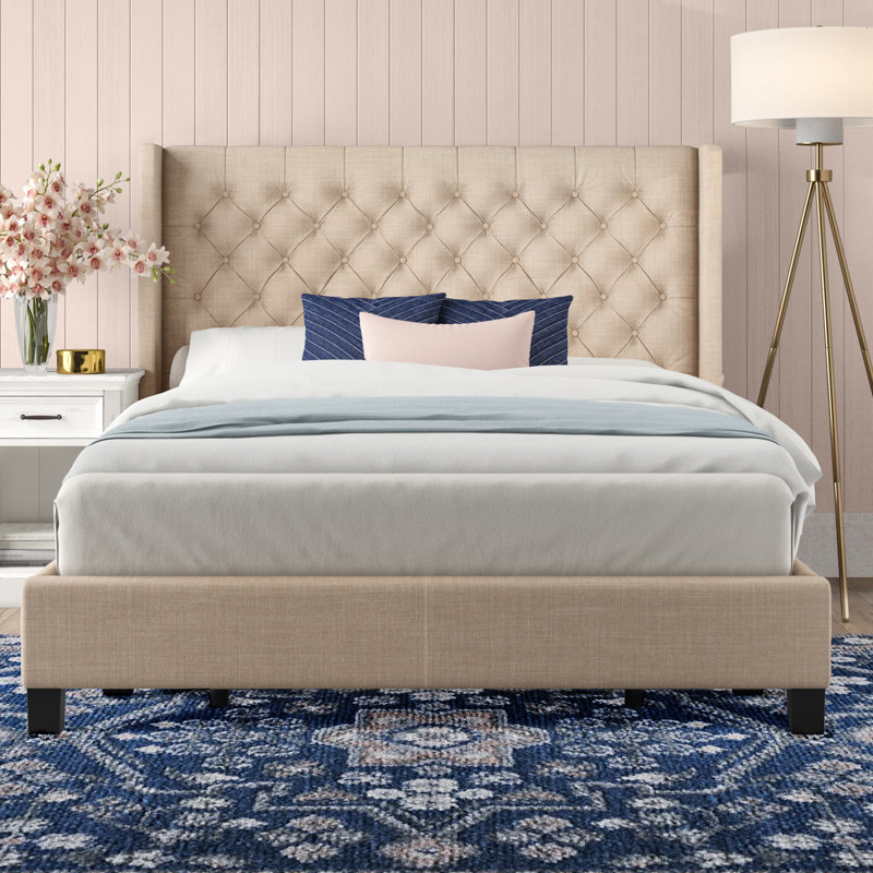 Kaster Upholstered Wingback Bed, Heathered Beige Linen, Queen