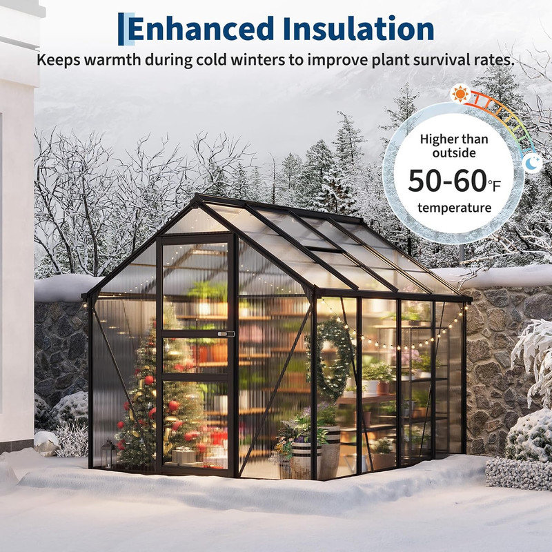 Durable Polycarbonate Greenhouse with Aluminum Frame, Adjustable Roof Vent & Lockable Door for Backyard Garden & Patio Use