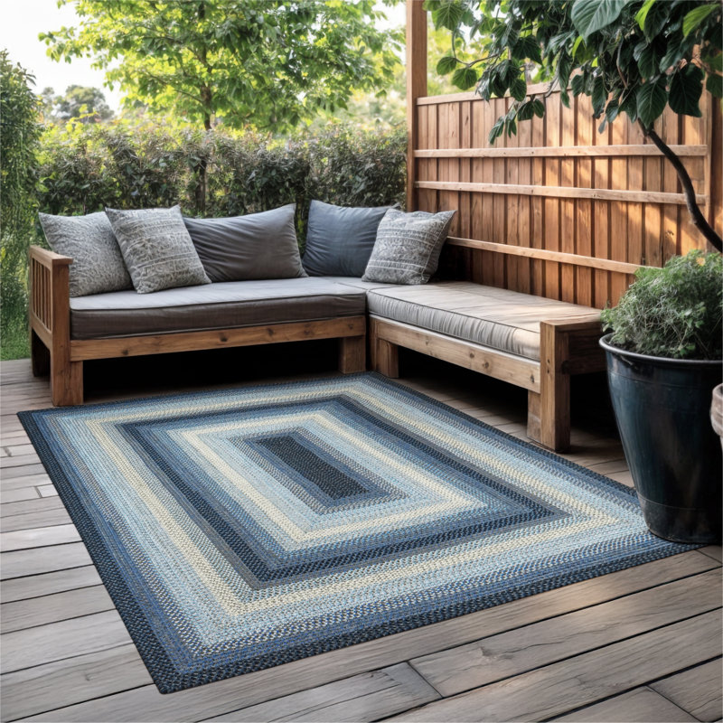  Tapis tressé lavable réversible intérieur / extérieur noir / blanc / ivoire / bleu, Rectangulaire 8 pi x 10 pi