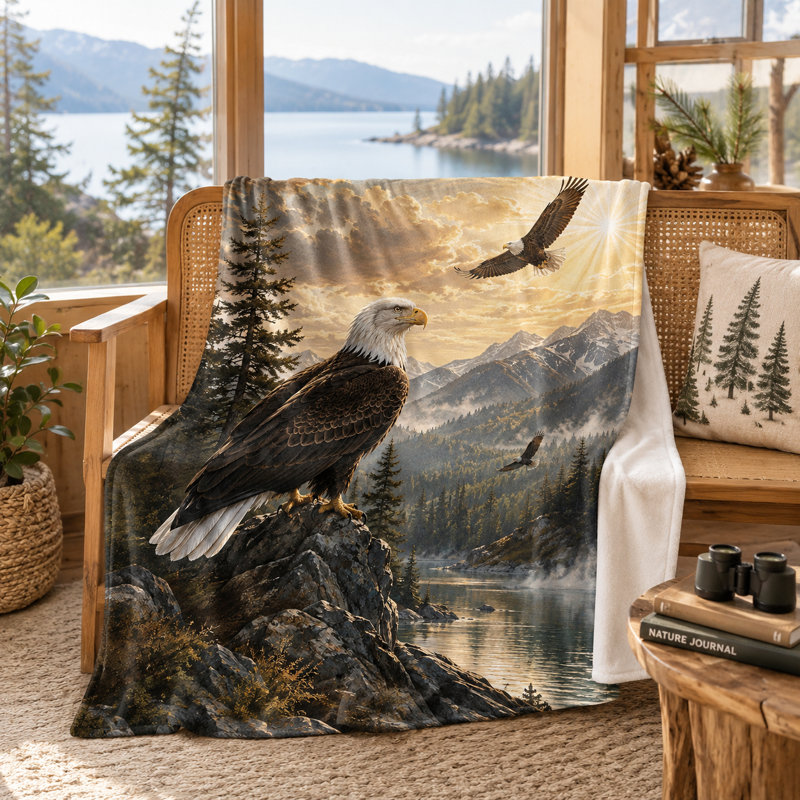 Couverture Eagle Lake avec motif de paysage de forêt montagneuse, jeté de lit en flanelle réaliste avec aigle perché, idéal pour se détendre sur un canapé, un lit ou à l'extérieur, 152 x 203 cm
