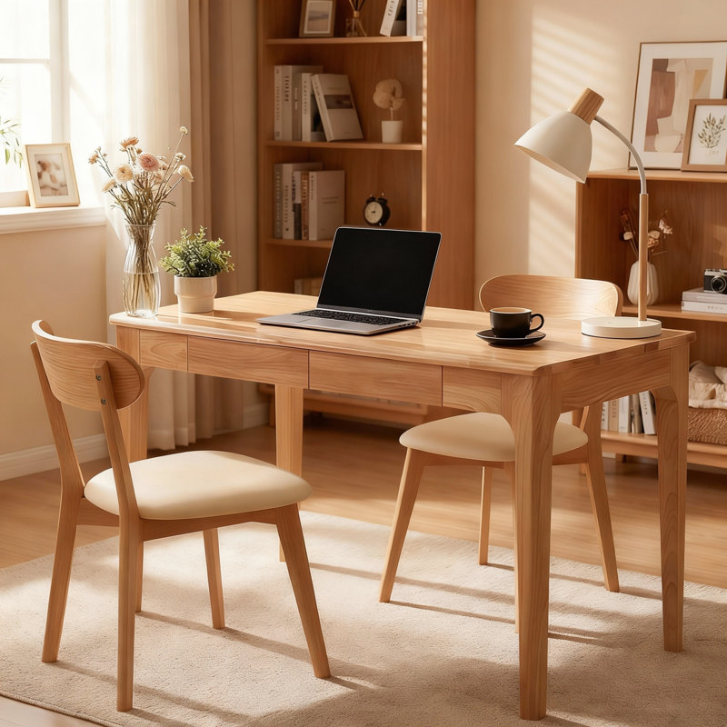 Bureau en bois massif avec tiroirs, Naturel