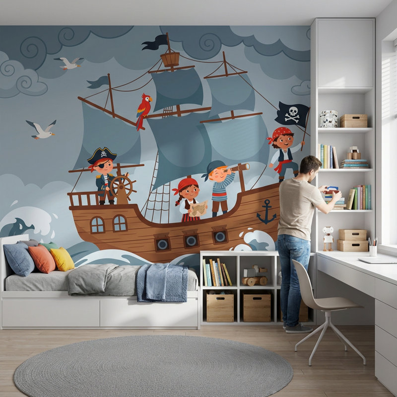 Caricature de bateau d'aventure pirate, Texturé non collé, 200 po x 120 po