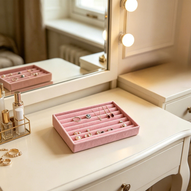 Plateaux à bijoux en velours rose, empilables, avec séparateurs pour tiroirs, rangement pour bagues, boucles d'oreilles, colliers et bracelets