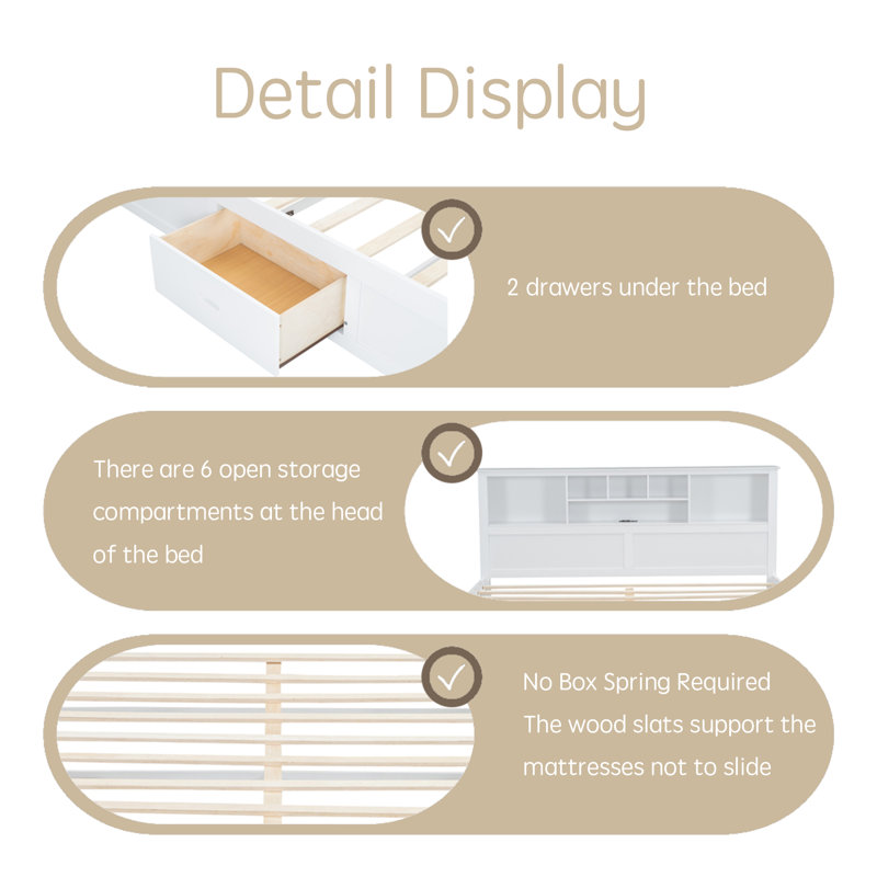 Lit plateforme très grand en bois avec tête de lit multi-rangement, USB et tiroirs, Blanc