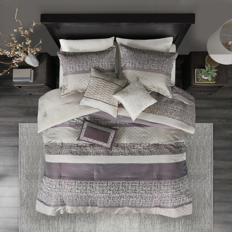 Rhapsody 7 Piece Jacquard Comforter Set, Queen Comforter + 6 Additional Pieces, Purple
