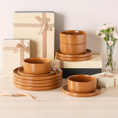12 Piece For 4 In Matt Brown Glaze, Dinnerware With Dinner Plates,Dessert Plates & Bowls,Dishwasher Safe,Modern Stackable Stoneware Set