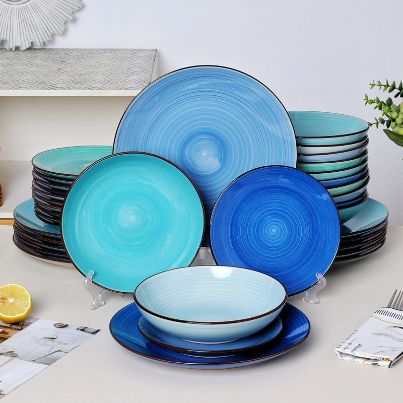 Service de table en grès de 18 pièces Thurantowa, bleu assorti, service pour 6, Océan, 18