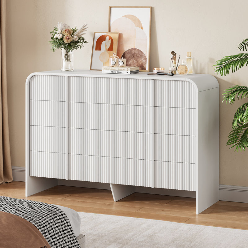47.2” W Double Dresser with 8 Drawers, Modern Storage Organizer, Curved Profile Design, White