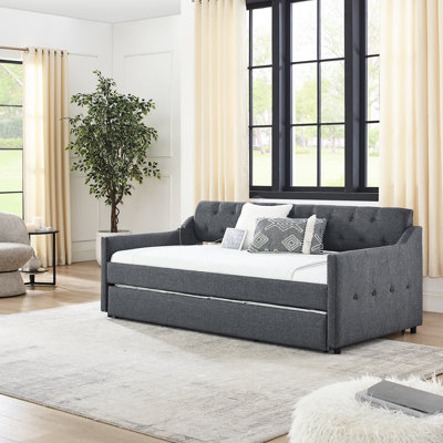 Twin Size Upholstered Daybed Featuring Button Back, Waved Arms, Trundle For Sleepover, Charging On Armrest, 300Lbs Load, Grey Linen And Foam, 6 - Inch Mattress, 13 Slats, Assembly Required With Back