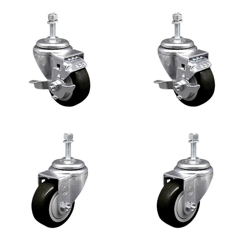 Ensemble de 3 roulettes à tige filetée en polyuréthane pivotant de 10 mm et 2 freins, Noir
