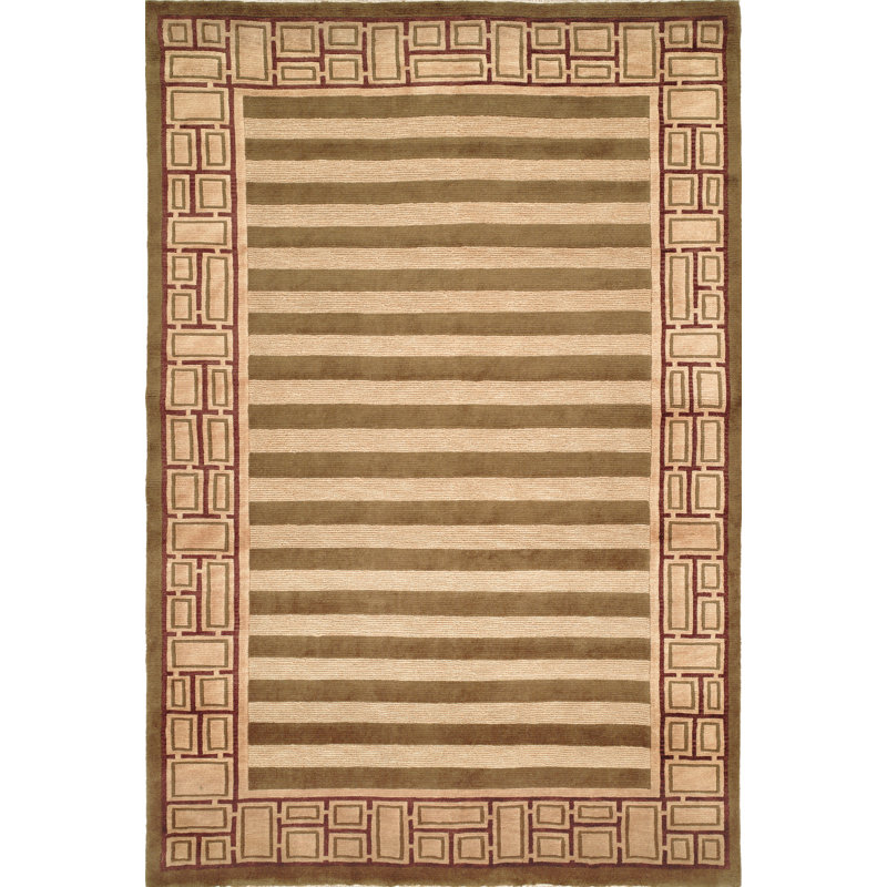 Tapis tibétain rayé en laine noué à la main en vert / beige