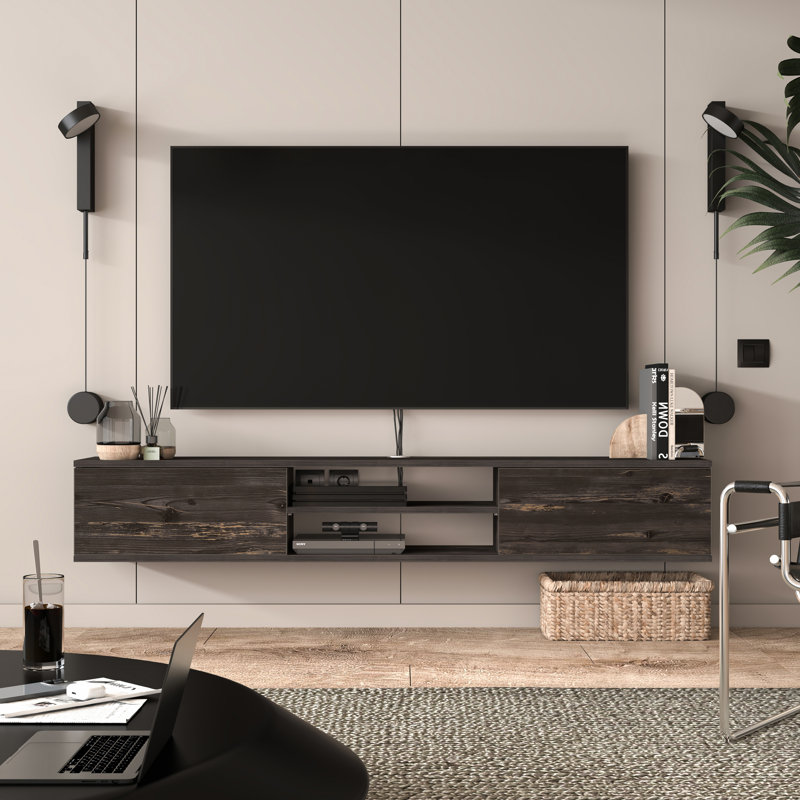 Bella Floating TV Stand Up to 80" TV's Modern Media, Rustic Black