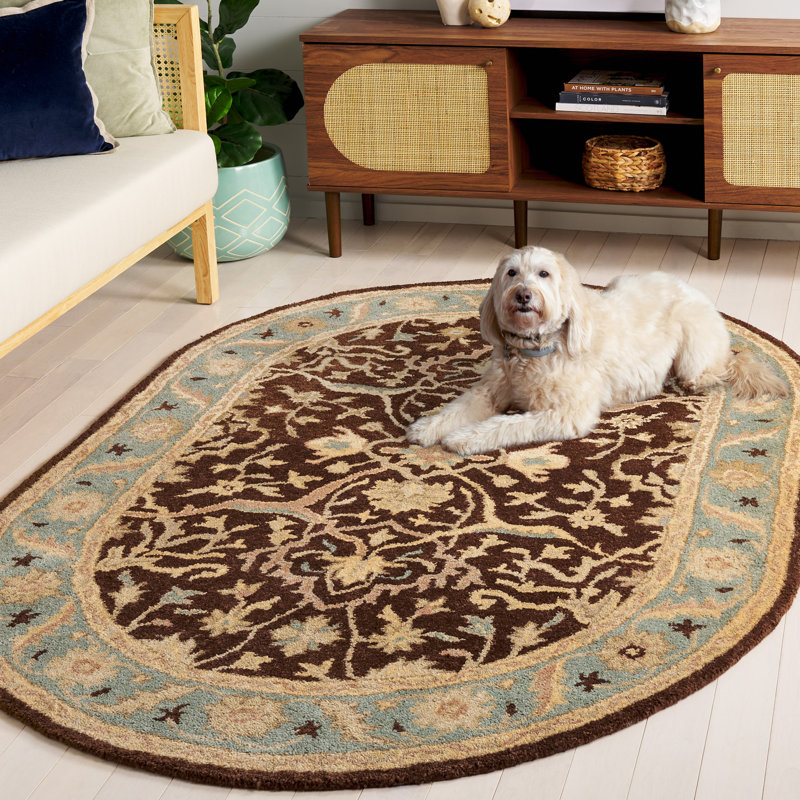 Ivory and Brown Handmade Wool Oval Tufted Rug, 7'6" x 9'6"