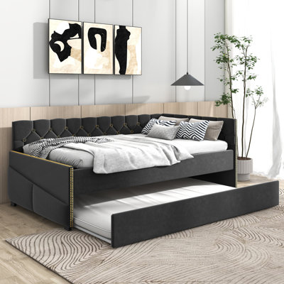 TOMM SPRITZ BLACK UPHOLSTERED TWIN SIZE DAYBED BED FRAME (CORNER BED) WITH TRUNDLE, VELVET FABRIC, STUDDING DESIGN, NO BOX SPRING REQUIRED, FITS ANY by Mercer41