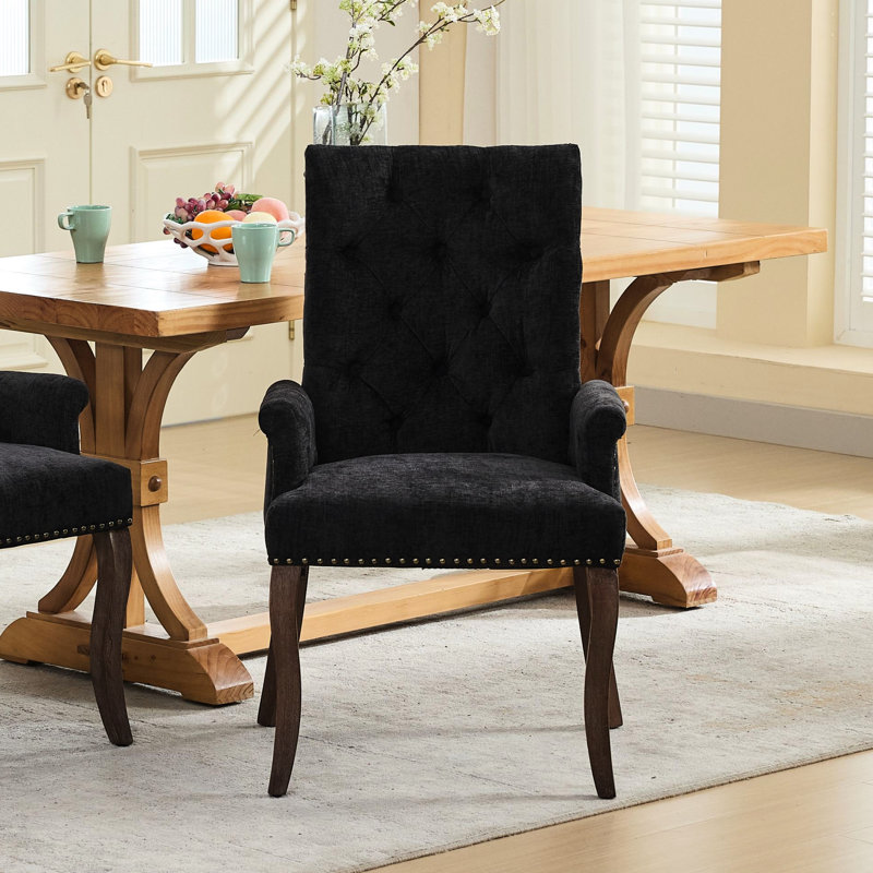 Chaise de salle à manger rembourrée en tissu de chenille avec pieds incurvés en bois massif - Élégante chaise club capitonnée pour la salle à manger, cuisine, paquet simple, noir