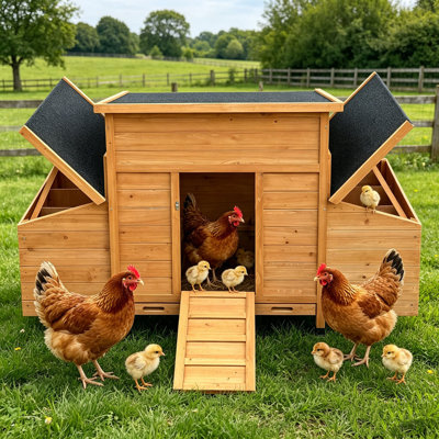 Solid Wood Chicken Coop with Weatherproof Asphalt Roof, Non-Slip Ramp & Removable Pull-Out Tray – Outdoor Hen House with Dual Nesting Boxes for Backyard Farm Use