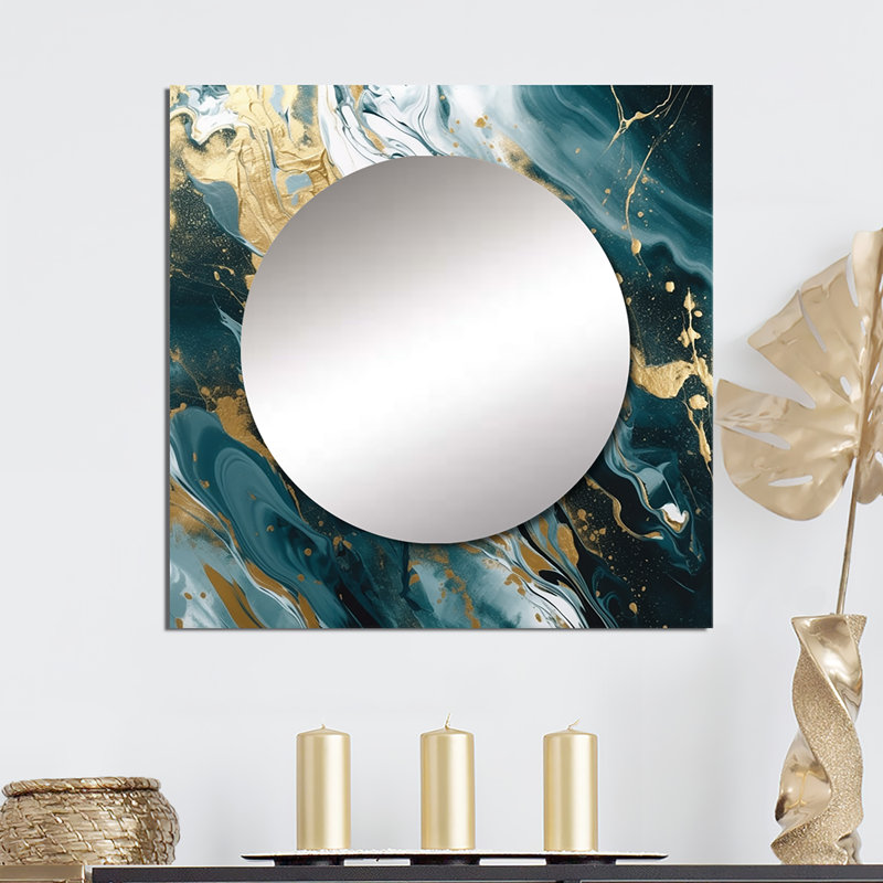 Babbi - Miroir carré abstrait bleu et doré Cascade, 29 po x 29 po