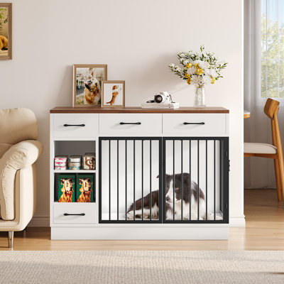 47.2" Dog Kennel Console Table | Wooden Crate Furniture with 2 Storage Drawers & Feed Cabinet