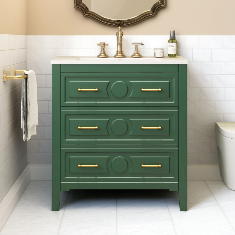 Meuble-lavabo de salle de bain autoportant vert 30 po, combinaison d'évier en céramique + armoire de rangement en bois massif, 3 tiroirs pour plus de commodité