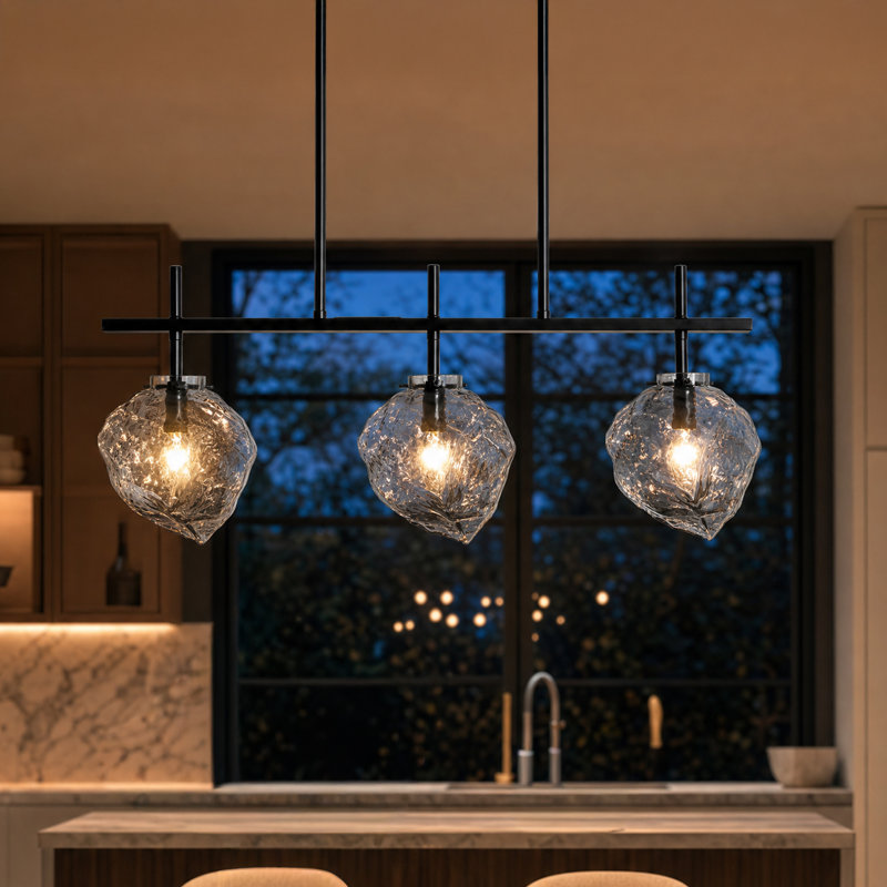 Luminaire suspendu pour îlot de cuisine moderne à 3 lumières Adwin avec verre ondulé gris fumé 27 po Adwin, 3 Lights