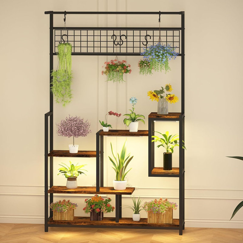 Tablette pour plante avec plante de croissance, grand support pour plante d'intérieur, grande tablette en métal à 7 niveaux avec crochets de suspension