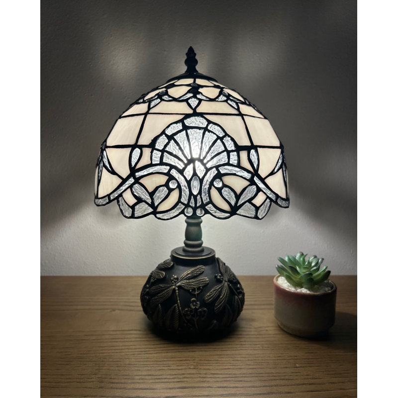 Simonetti Tiffany Table Lamp Stained Glass Baroque Style Lavender LED Bulb Dragonfly Base 10"W*10"D*14"H*, Beige/White