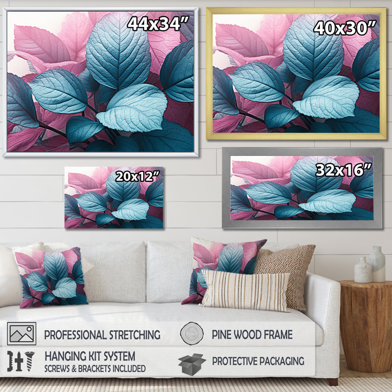 Feuille de splendeur rose turquoise sur toile, Cadre flottant noir, H 12 po x l 20 po x P 1 po