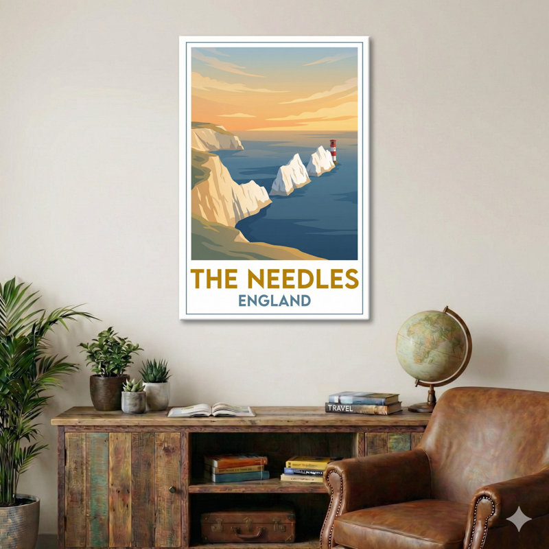 The Needles, England - Isle of Wight Cliffs at Sunset | Romantic Travel Poster. Giclee Print on Wrapped Canvas. Wall Art, Home Decor - Natural Landmarks, England 1 Piece Wrapped Canvas Wall Art