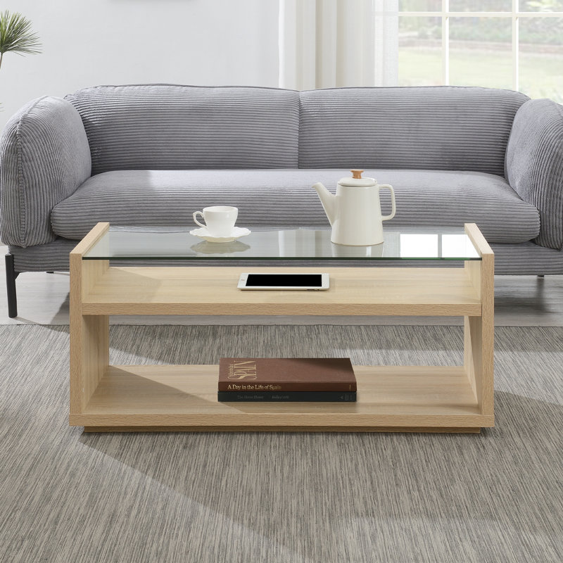 Jaffrey  Glass Coffee Table with Shelves, Natural