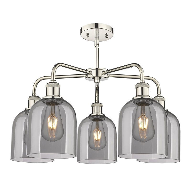 Lustre en forme de cloche à intensité variable en acier à 5 lumières Odaniel, Gris fumée clair, Nickel poli