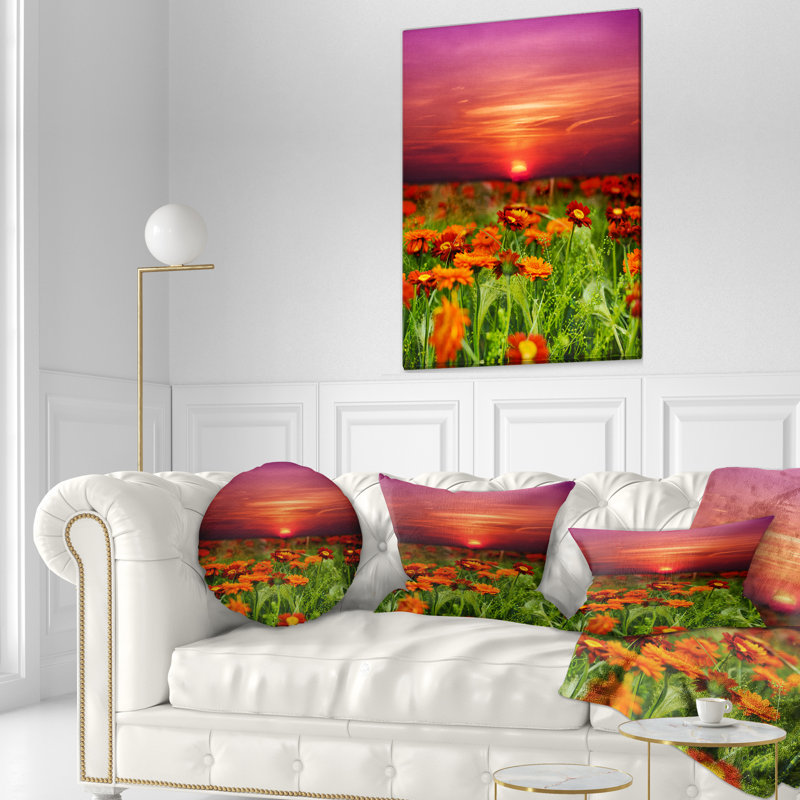 Paysage, coucher de soleil, fleurs et oreiller Sky, 18 po x 18 po, Polyester