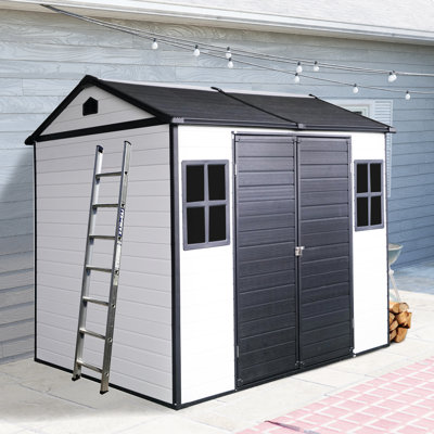 Remise de jardin en résine 8 pi x 6 pi avec deux bouches d'aération et plancher intégré - Ventilateur de rangement imperméable gris et blanc 8 * 6 pi