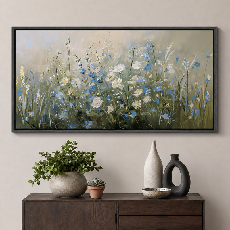 Blue Green Flowers Artwork, French Country Floral Wall Pictures, Giclee Canvas Digital Print Extra Large Framed Wall Art