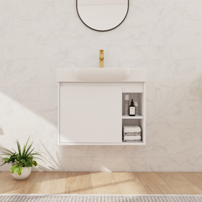 28" Bathroom Vanity Set, Single Wall Mounted Bathroom Vanity With Ceramic Basin Sink Top, Floating Vanity With 1 Door And Shelf